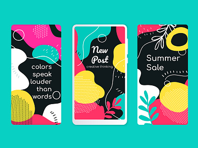 Bright mobile screen templates abstract background color composition design illustration memphis post screen smartphone style vector