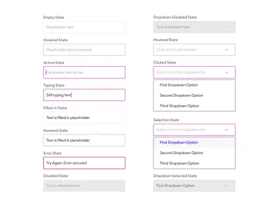 Buttons & Dropdown States active state button design clean clickable concept design library design pattern designsystem disabled dropdown empty state error state hover state inactive state list minimal select state simple typing state ui design