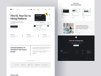 Hire IO Landing Page app clean design header hire hiring hiring app job finder job portal jobs landing page landingpage minimal monochrome ui website website design