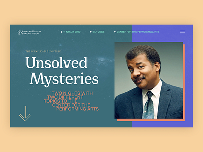 Neil deGrass Tyson // Event Page Concept brutalism clean color design flat geometric minimal mobile science space ui ui design uidesign ux vector web web design webdesign website