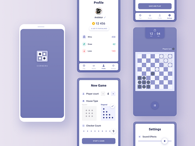 “Corners” game on Unity3D engine android app blue checkerboard checkers clean design game app game design game ui ios leaderboard mobile profile settings splash tab bar ui ux violet