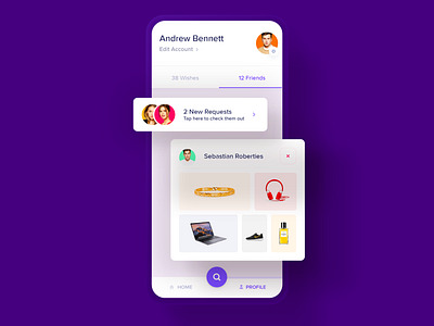 Wishli | Profile Page account alert board clean follower following friends material design message nav navbar navigation notif notification notify profile request settings simple tabs