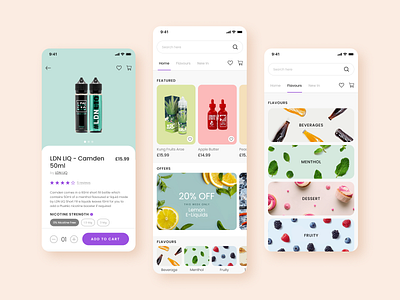 Mobile App - Vape Shop beverage bottle cart clean colour dessert fruit list menthol pastel shop shopping shopping app shopping basket shopping cart ui ui ux ui design ux vape