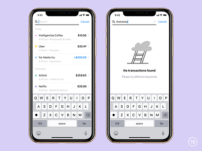 Search transactions app banking empty state illustration input list mobile search table transactions ui ux wallet