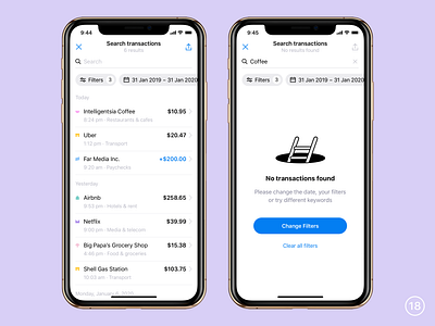 No transactions found app banking empty state filter illustration ios list mobile search table transactions ui ux wallet