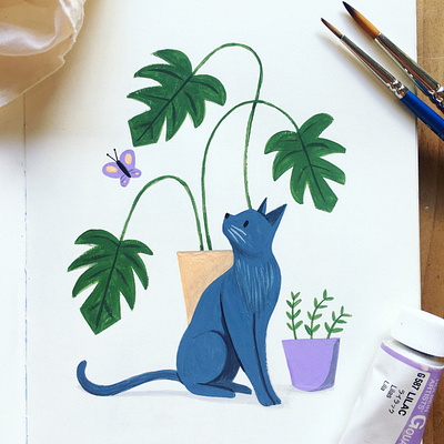 Gouache Kitty With Monstera butterfly cat gouache kidlit kids illustration monstera monstera deliciosa painting picture book plant