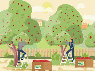 Harvest apple character design draw flat flowers girl hardwork harvest illustration man nature people plants tree woman work