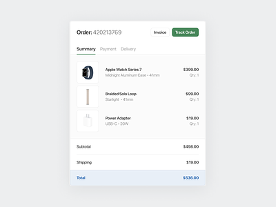 Order Summary app cart clean design desktop ecommerce green minimal mobile order products shoping store ui ux watch white