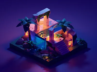 Ruins 3d design flower illustration palm ruin water