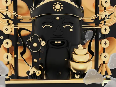 C4D (God of wealth cartoon modeling)🧧 black gold branding c4d color concept illustration ui 品牌 设计