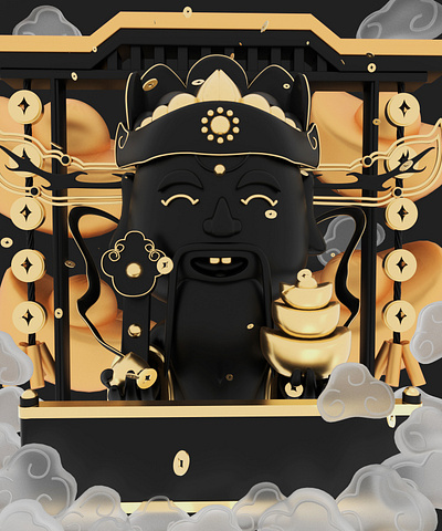 C4D (God of wealth cartoon modeling)🧧 black gold branding c4d color concept illustration ui 品牌 设计