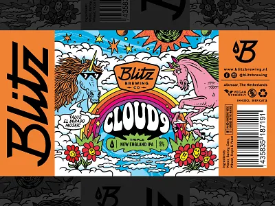 Clud 9 - New England IPA beer label blitz branding brewery cloud 9 craft beer craft brewery drunk graphic design heaven illustration label punk rock trippy unicorn