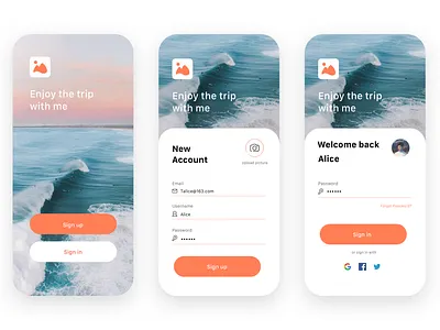 trip-login and registration app design ui ux