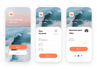 trip-login and registration app design ui ux