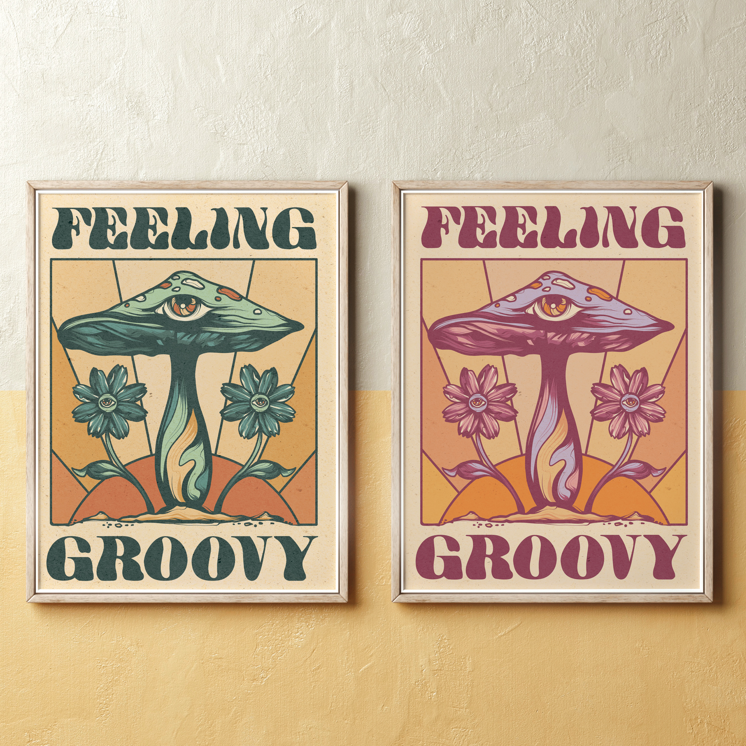 Feeling Groovy 60s 70s eye flowers groovy hippie illustration magic mushroom mushrooms peace poster art psychedelic retro sunrise surreal third eye trippy typography vector vintage