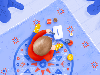 Jar caps game illustration activity baby caps child game lids plant play rug sitting top view top view