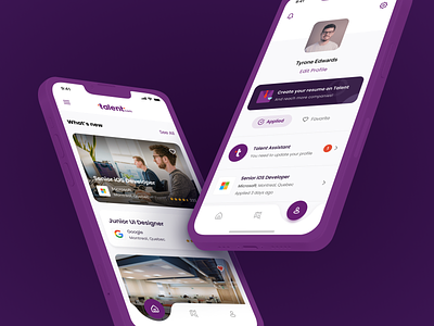 Talent.com - Mobile app & profile - unique nav app cars feed flat mockups navigation profile purple unique