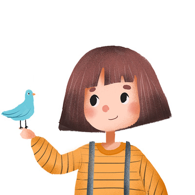 Blue bird art character chibi childrens illustration girl illustration kids