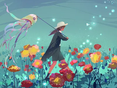 kite art blue dream flat flowers girl illustration kite