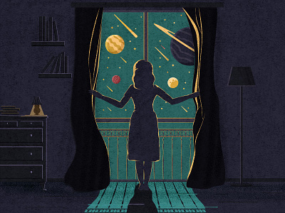 Girl who living in a dreams cosmos dark dribbble figures flat flat design girl girl illustration illustration illustrator light new outside planet room space stars window wo woman