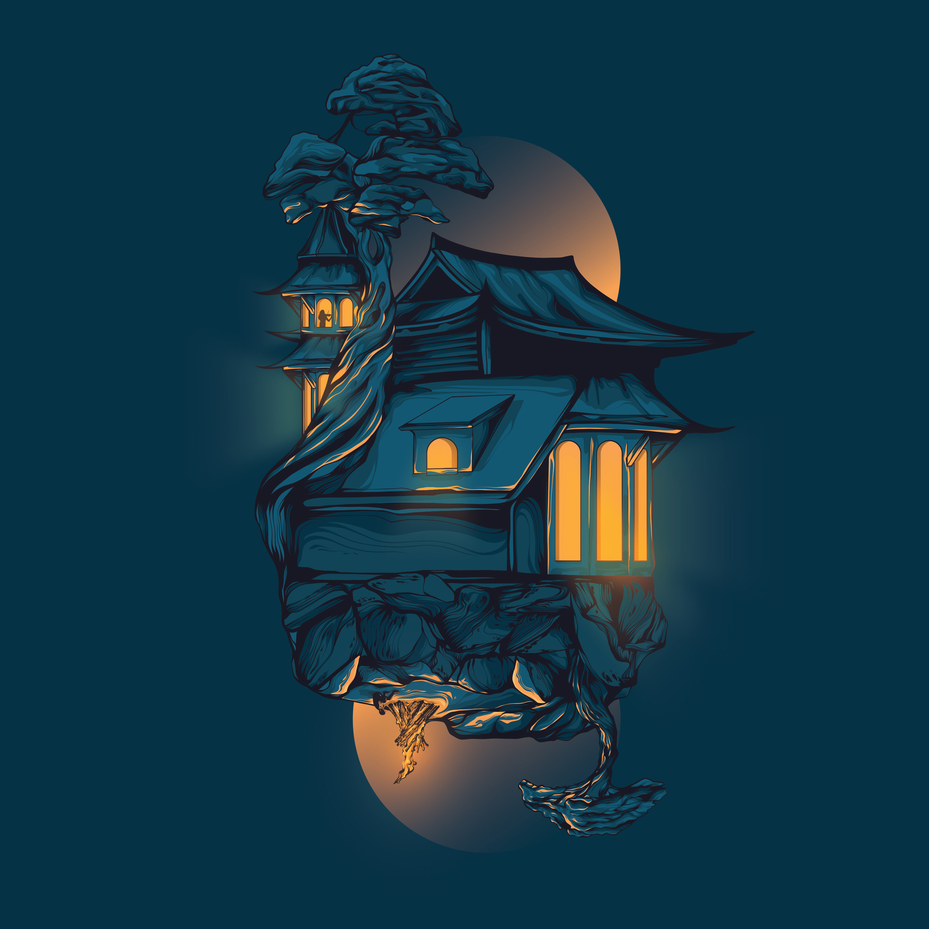 Alternate Realities alternate reality bonsai tree campfire design gradients house illustration lighting night life night scene poster art poster design shadows surreal surrealism trippy universe vector violin woman