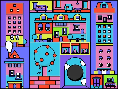 Houses with eyes abstract abstract art apple colorful eyes flat freework fun furniture furniture store holland house household houses illustration lamp netherland seat table tree