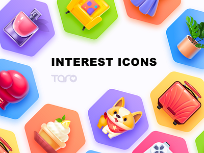 Interest Icons collection app beauty boxing collection colorful dog flat icon illustration luggage monstera perfume plant sofa travel ui vector