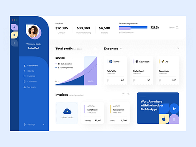 Invoicer: Dashboard accounting app design application b2b budget customer service dashboard e finance expenses finance financial services fintech invoice invoicing overdue product design revenue site web app website