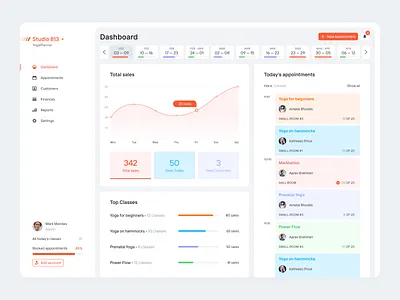 Dashboard for YogaPlanner app appointments calendar classes clean crm dashboard design erp fitness interface planner planning software product sales studio management ui ux website yoga