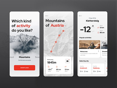 Application to plan your trips activity cards ui clean ui home map mobile app mobile ui mountains photo route snowboarding travel app trip vacation weather