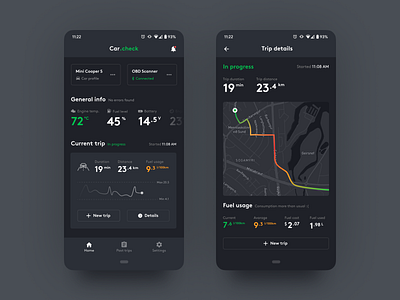 Car.check - OBD2 car scanner mobile app | Dark theme android app app concept car clean dark dark ui fuel interaction minimal mobile scanner stats trip ui ui ux uiux