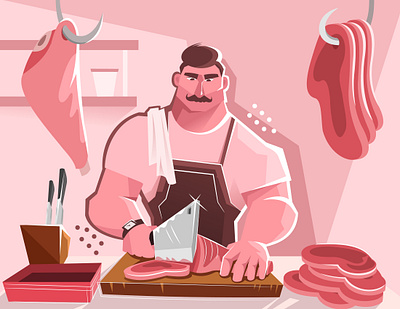 The Butcher adobe illustrator art butcher character concept creative design designs drawing dribbble fresh illustration inspire knives light meat pink simple style vector