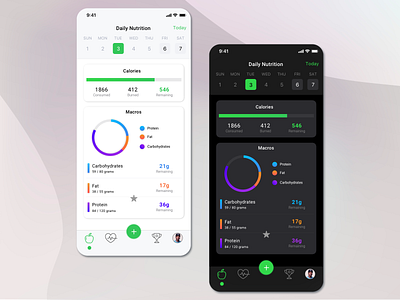 Daily Nutrition | Light and Dark Mode chart dark dashboard graph healthcare light macros mobile mobile app nutrition tracker ui