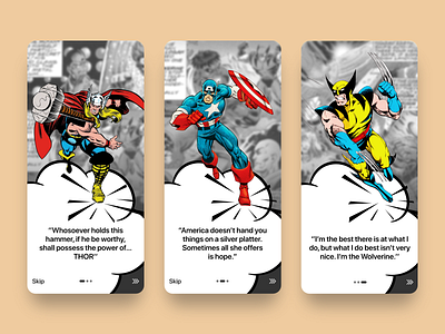 Onboarding Vintage Comics App cards cards ui comics comicsart marvel comics onboarding product design superhero ui uidesign ux vintage