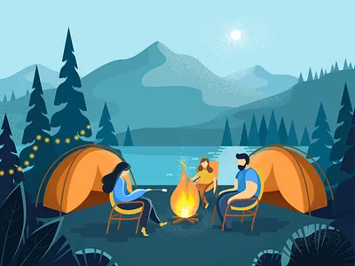 Camping at night 2d adobe illustrator art background camping cartoon design dots family fire flat flat style illustartion landscape summer summer camp textured vector