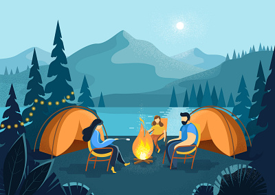 Camping at night 2d adobe illustrator art background camping cartoon design dots family fire flat flat style illustartion landscape summer summer camp textured vector