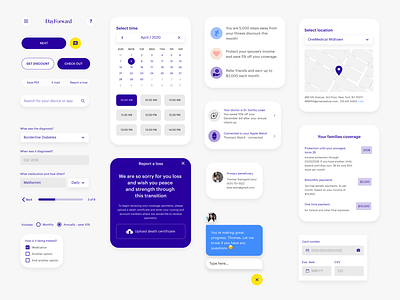 Insurance App UI system app calendar card chat components design system input ios iphone light list map mobile payment princing purple rounded