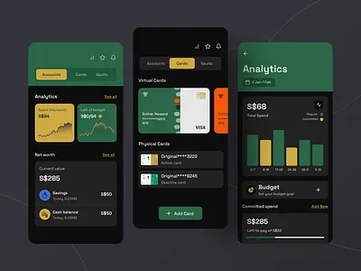 Fintech Mobile App (Dark) I Ofspace app balance bank bank card budget credit card expen finance financial fintech income mobile money money management online banking saving spending transaction ui ux