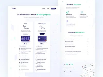 Zest • Full pricing page bank banking banking app branding clean credit card desktop finance fintech freelance icons landing page minimalist money online bank price pricing pricing page startup uiux