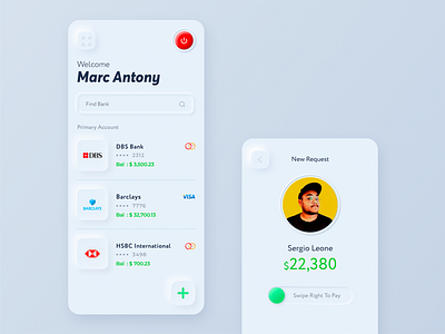 Neumorphic Wallet | Neumorphism Trend 2020 app banking colors design digital green ios iphone light minimal mobile neumorphism red roundel skeumorphic ui uiux ux wallet white