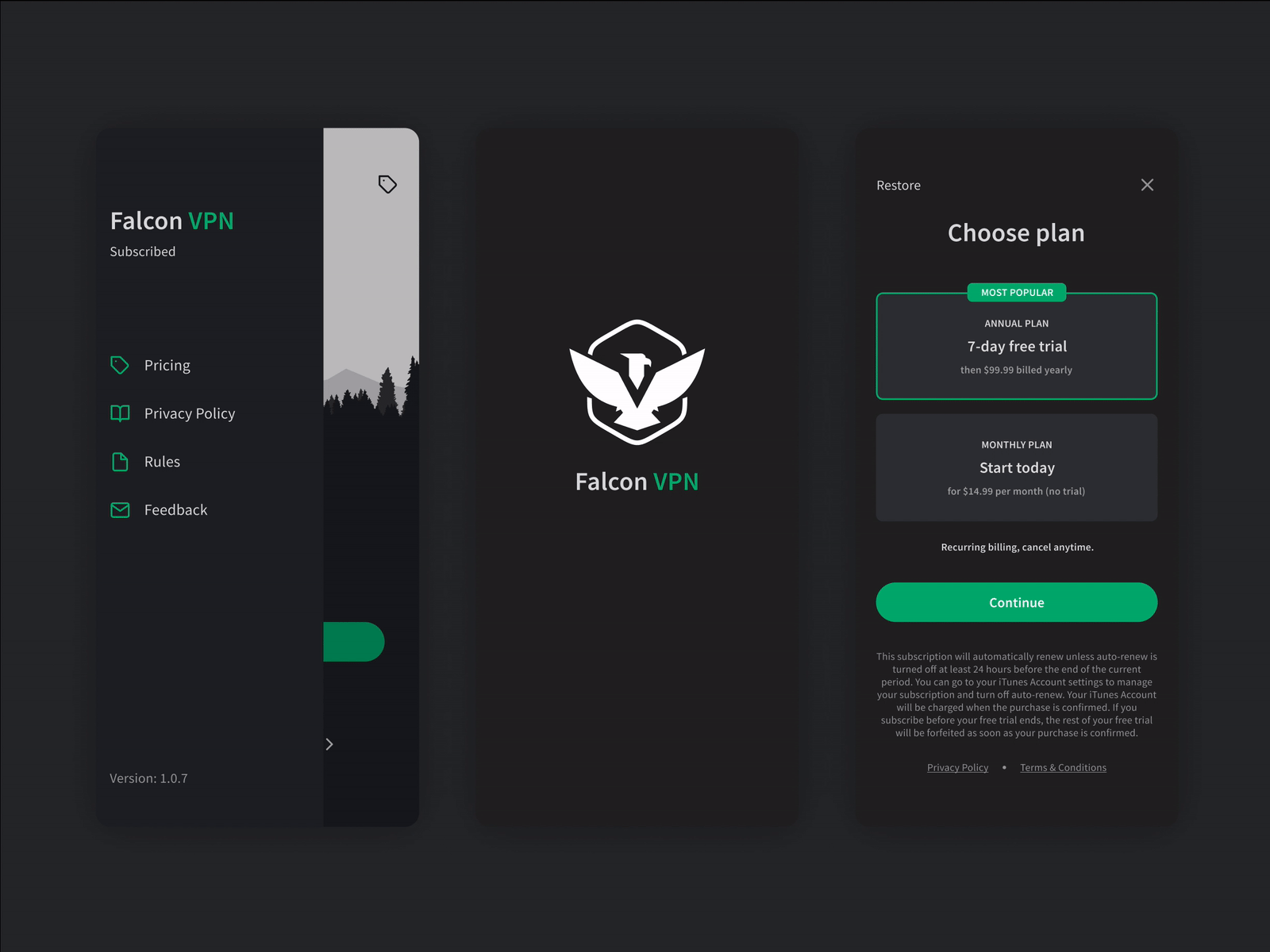 Falcon VPN app connect design ios menu mobile app mobile ui pricing subscription ui ux vpn vpn app