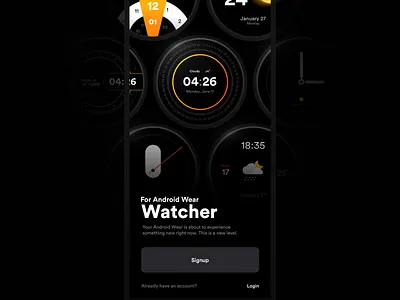 Watcher | Splash Screen android android wear apple apple watch clean clock dark mode login minimal onboarding resgiter signin signup splashscreen time watch watch app watch ui watchface watchos