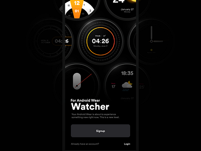 Watcher | Splash Screen android android wear apple apple watch clean clock dark mode login minimal onboarding resgiter signin signup splashscreen time watch watch app watch ui watchface watchos