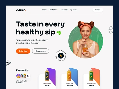 Juicier-Fresh Juice Web Design beverage design daily design drink ecommerce figma food and drink foodie fruits fruity green homepage juice landing page minimal orange summer ui web design website