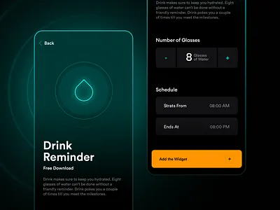 Watcher | Drink Water Reminder alert apple clean component dark dark mode design drink drink water ios mobile app notification notify reminder set time simple time watch app water widget