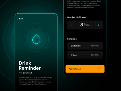 Watcher | Drink Water Reminder alert apple clean component dark dark mode design drink drink water ios mobile app notification notify reminder set time simple time watch app water widget