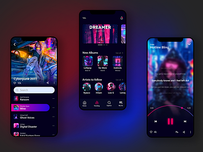 Music App UI concept (Dark Theme) app cyperpunk design music app typography ui ux