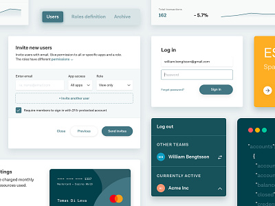 Team accounts card code dropdown form green input input fields login login form metrics payment settings statistics switch switch button tab tabs team ui ui design