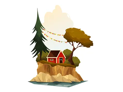 red house cartoon cozy design forest illustration lonely natural nature norway place retro scandinavia shadow simple style summer texture vector vintage wood