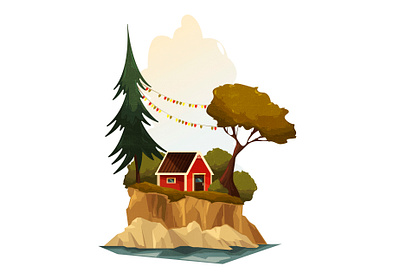 red house cartoon cozy design forest illustration lonely natural nature norway place retro scandinavia shadow simple style summer texture vector vintage wood